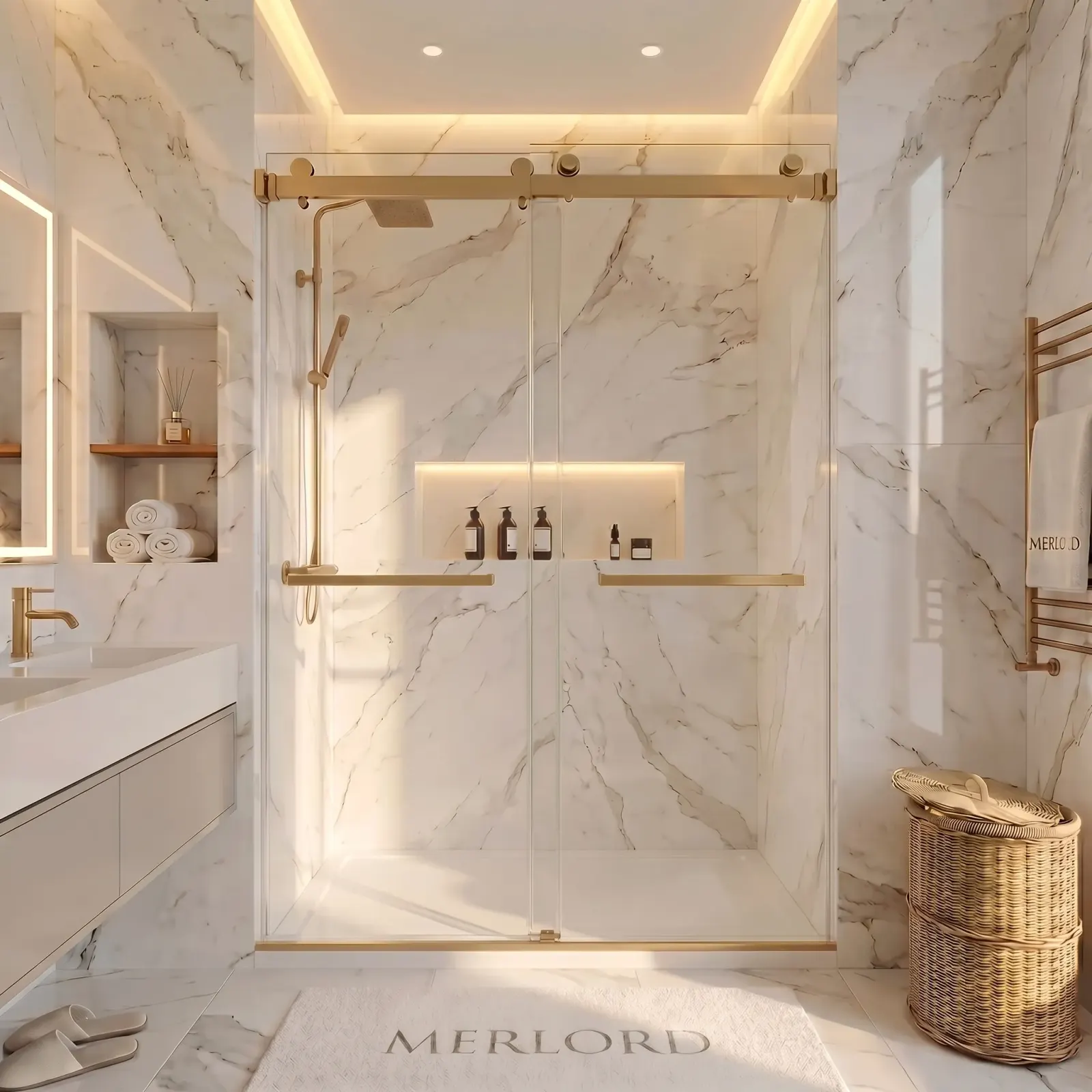 Soft-closing double sliding frameless shower door with brushed gold towel bars