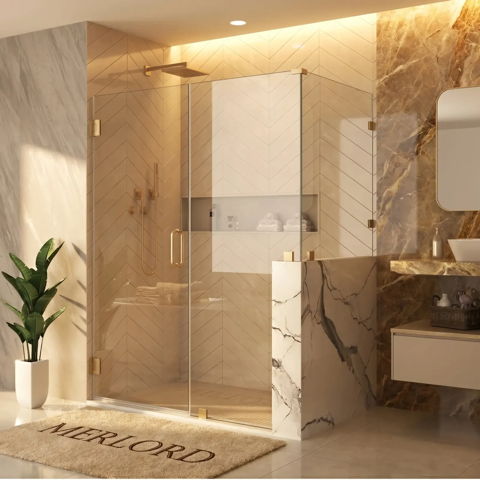 Frameless shower enclosure with marble walls